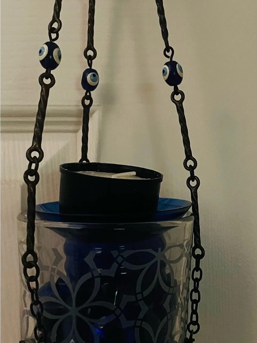 Moroccan-vintage-hanging tea light candle holder-evil eye beads for protection